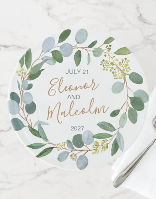 Watercolor greenery wreath, eucalyptus leaves cake stand