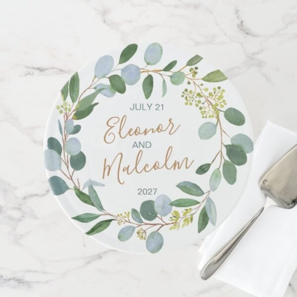 Watercolor greenery wreath, eucalyptus leaves cake stand