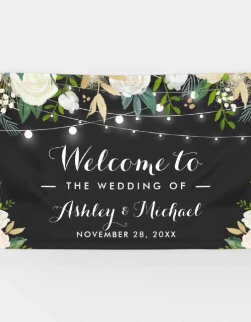 Watercolor Ivory Floral String Lights Wedding Banner