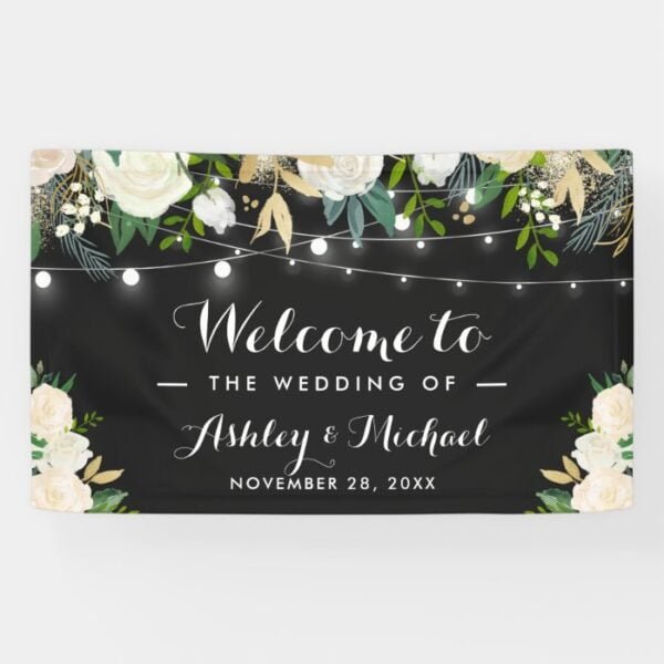 Watercolor Ivory Floral String Lights Wedding Banner