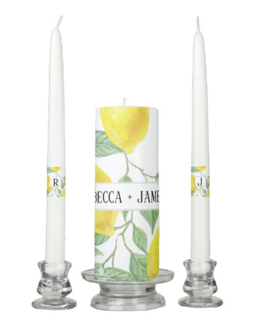 Watercolor Lemon Leaves Monogram Wedding Unity Candle Set