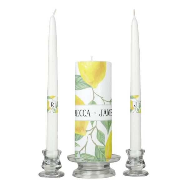 Watercolor Lemon Leaves Monogram Wedding Unity Candle Set