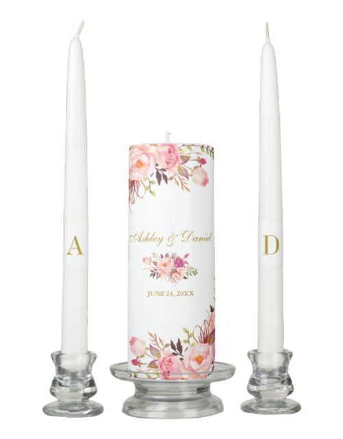 Watercolor Pink Floral Gold Bride Groom Wedding Unity Candle Set