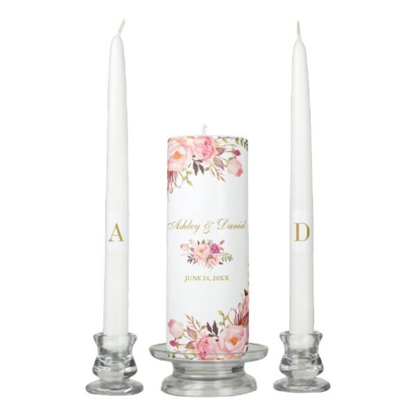 Watercolor Pink Floral Gold Bride Groom Wedding Unity Candle Set