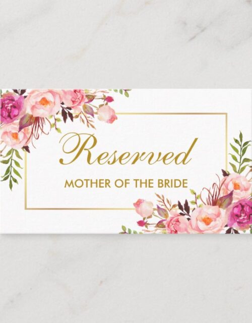 Watercolor Pink Floral Gold Wedding Reserved Name Place Card
