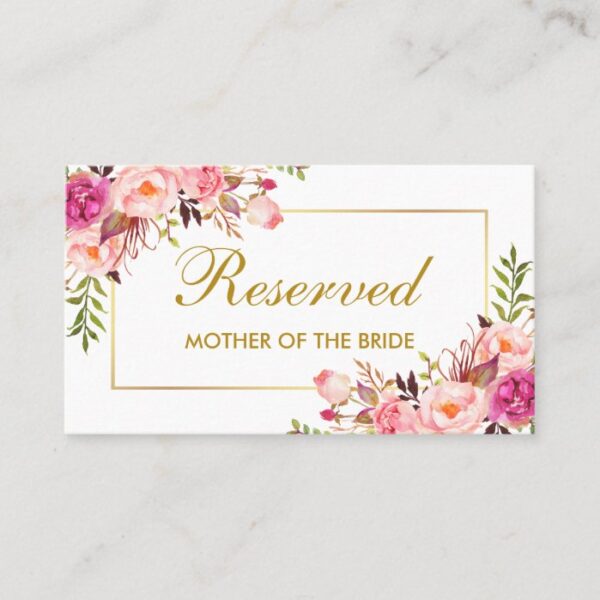 Watercolor Pink Floral Gold Wedding Reserved Name Place Card