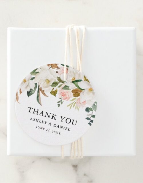 Watercolor Pink Roses White Magnolias Wedding Favor Tags