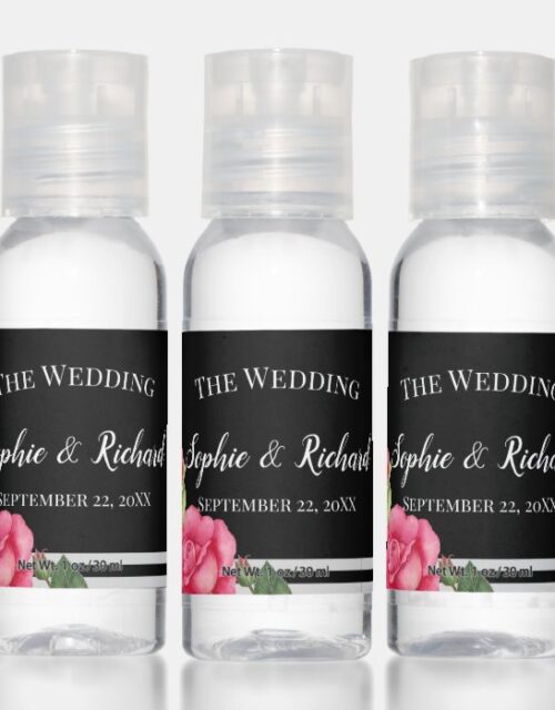 Watercolor Red and Pink Flowers Stripes Wedding Hand Sanitizer