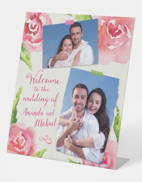 Watercolor Roses Pink Green Photo Template Wedding Pedestal Sign