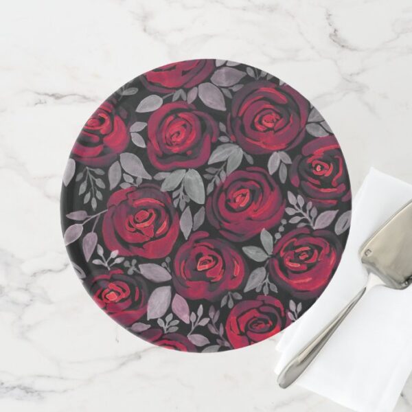 Watercolor roses, red roses on black cake stand