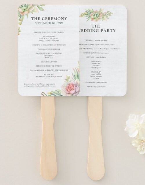Watercolor Succulent Wedding Program & Party List Hand Fan