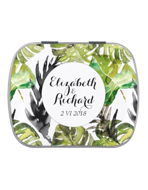 Watercolor Tropical Leaves wedding  monogram Jelly Belly Candy Tin