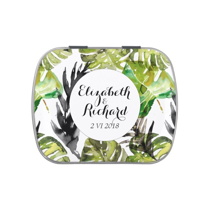 Watercolor Tropical Leaves wedding  monogram Jelly Belly Candy Tin