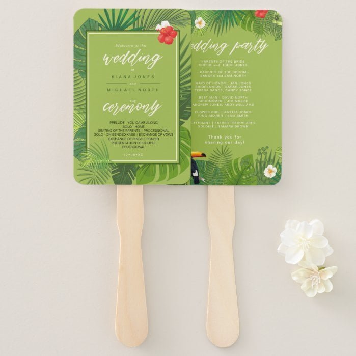 Watercolor Tropical w/Toucan Wedding Party ID577 Hand Fan