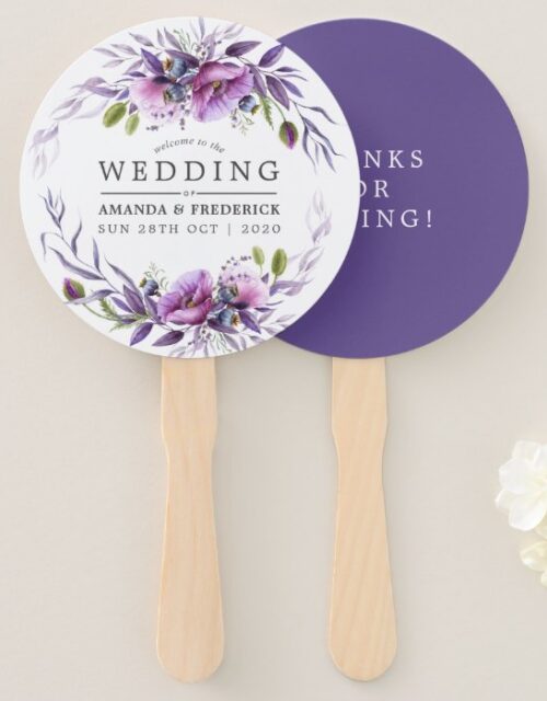 Watercolor Violet Poppy Floral Wedding Favor Hand Fan