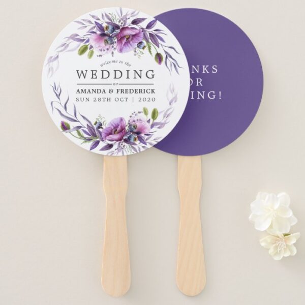 Watercolor Violet Poppy Floral Wedding Favor Hand Fan