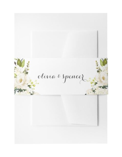 Watercolor White Floral Modern Monogram Wedding Invitation Belly Band