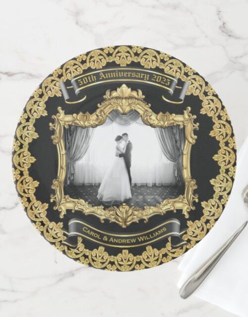 Wedding Anniversary Photo Commemorative Gold Black Cake Stand