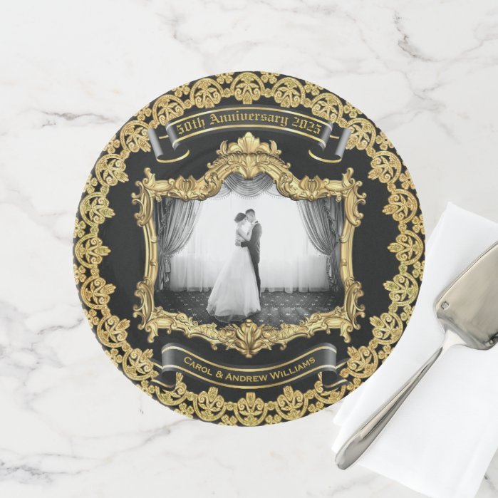 Wedding Anniversary Photo Commemorative Gold Black Cake Stand