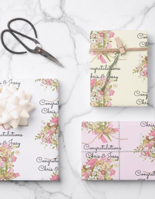 Wedding Bouquet of Flowers Add Names 3 Gift Wrapping Paper Sheets