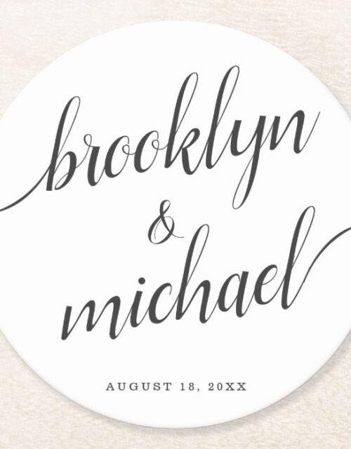 Wedding Bride & Groom Handwritten Calligraphy Round Paper Coaster