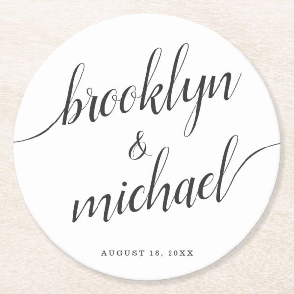 Wedding Bride & Groom Handwritten Calligraphy Round Paper Coaster