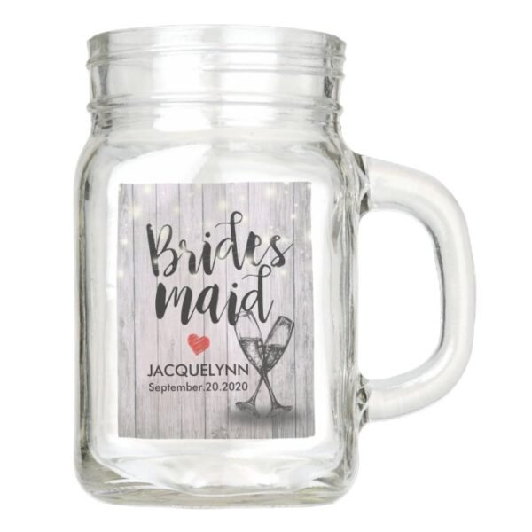 Wedding Bridesmaid Champagne Glasses Wood Lights Mason Jar