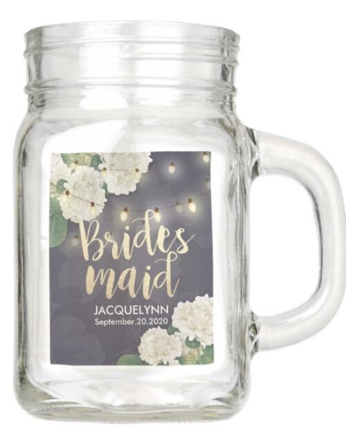 Wedding Bridesmaid Hydrangea Flowers String Lights Mason Jar
