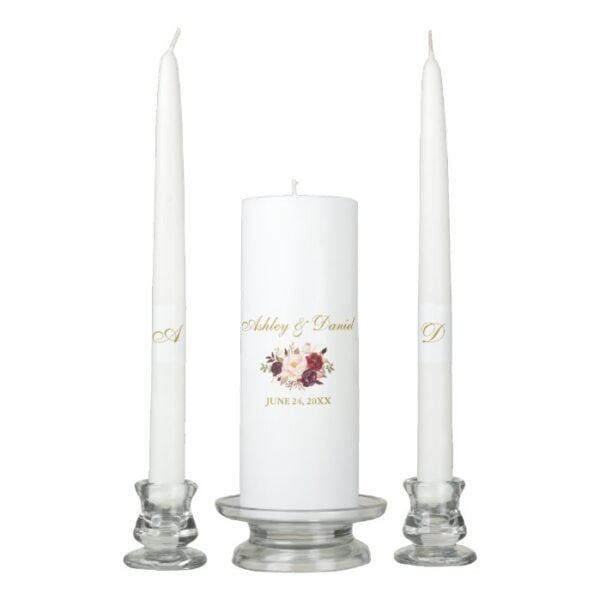 Wedding Burgundy Floral Gold Bride Groom Unity Candle Set