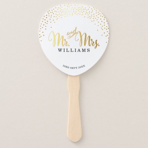 WEDDING FAN modern stylish gold confetti mr & mrs