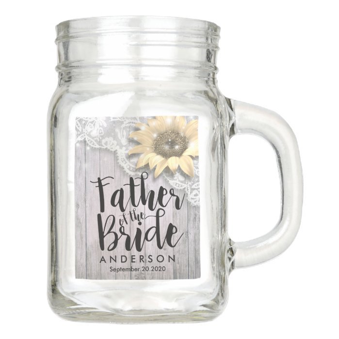 Wedding Father of the Bride Lace Sunflower Wood Mason Jar
