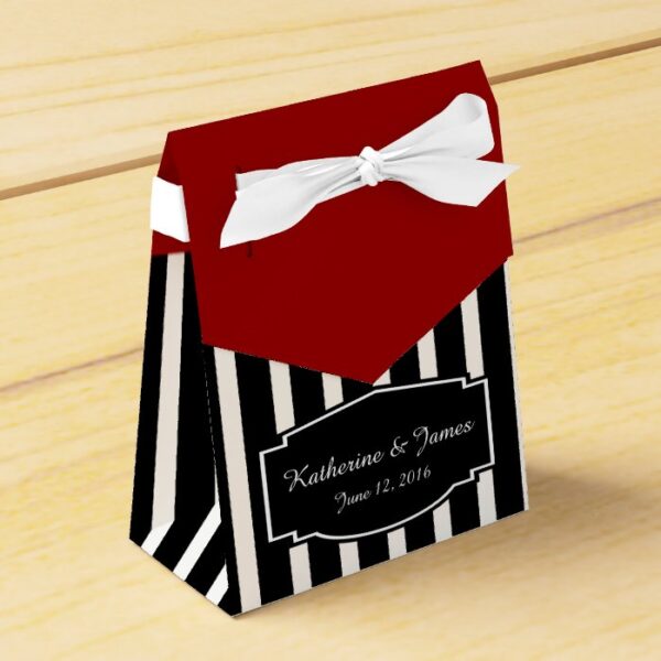 Wedding Favors; B&W Stripes w/ Red, Custom Label Favor Box