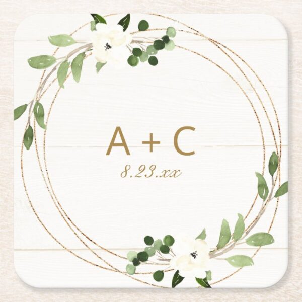 Wedding Geometric Watercolor Floral Rustic Wood Square Paper Coaster