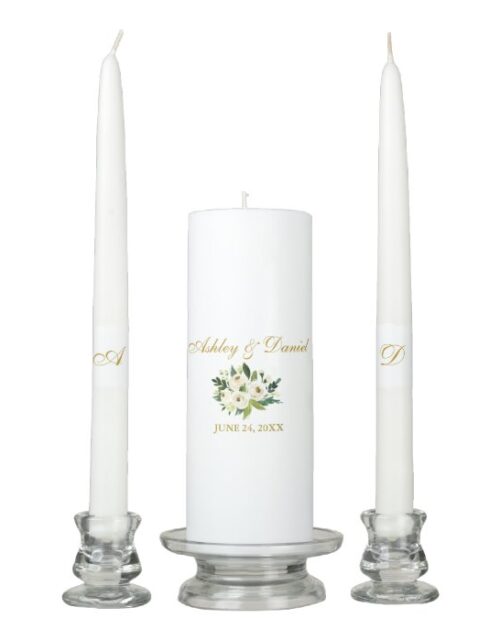 Wedding Green White Floral Gold Bride Groom Unity Candle Set