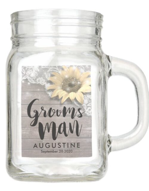 Wedding Groomsman Lace Sunflower Rustic Wood Light Mason Jar