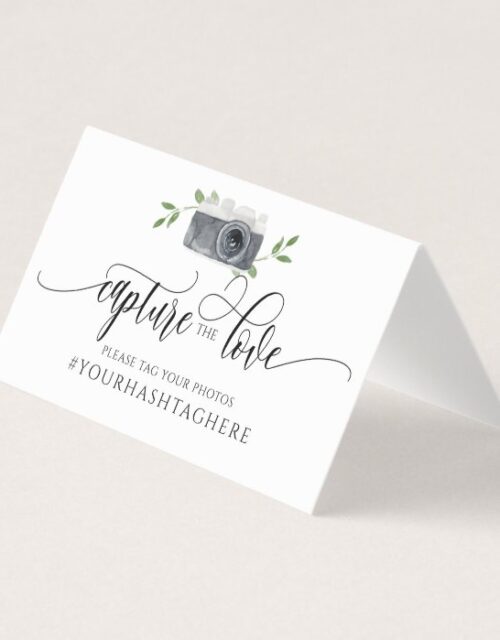 Wedding Hashtag Sign Calligraphy Watercolor Camera Place Card