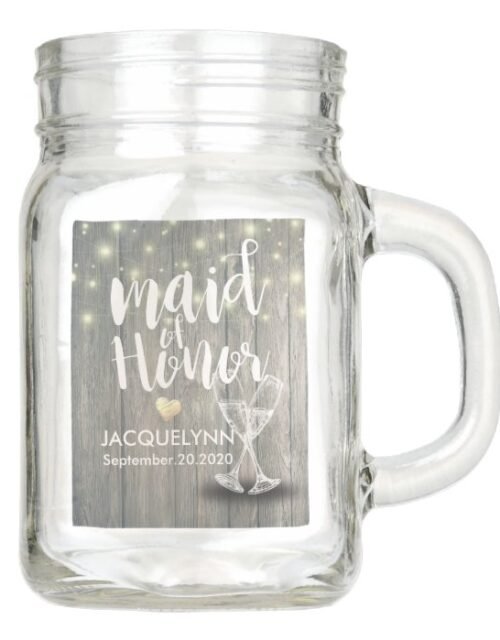 Wedding Maid of Honor Champagne Glasses Wood Light Mason Jar