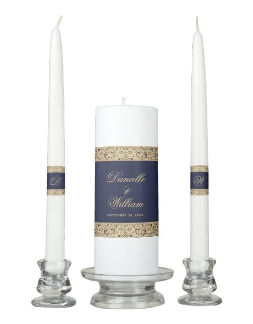 Wedding Navy Blue Gold Roses Vintage Elegant Unity Candle Set