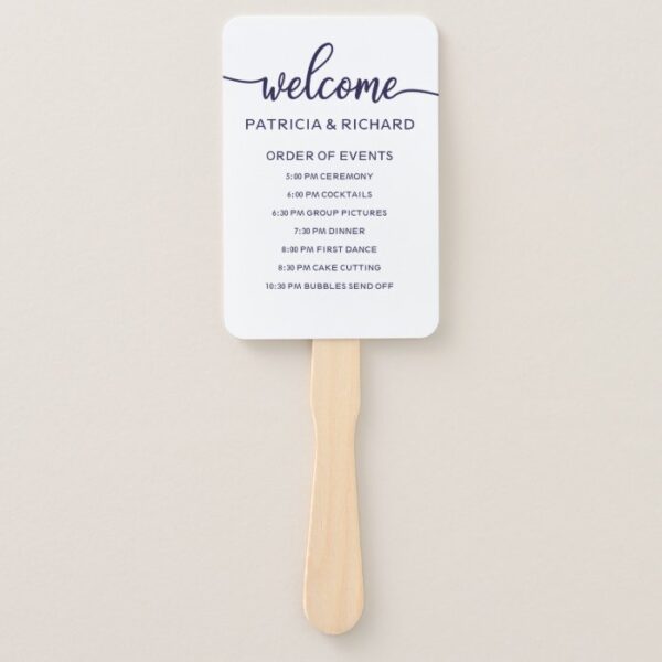 Wedding Order of Events Timeline Chic Navy Blue Hand Fan