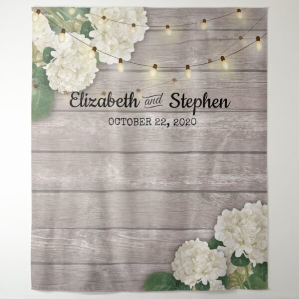 Wedding Photo Booth Backdrop Hydrangea Lights wood