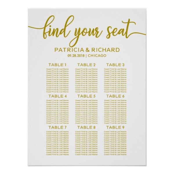 Wedding Seating Chart Board Gold Calligraphy