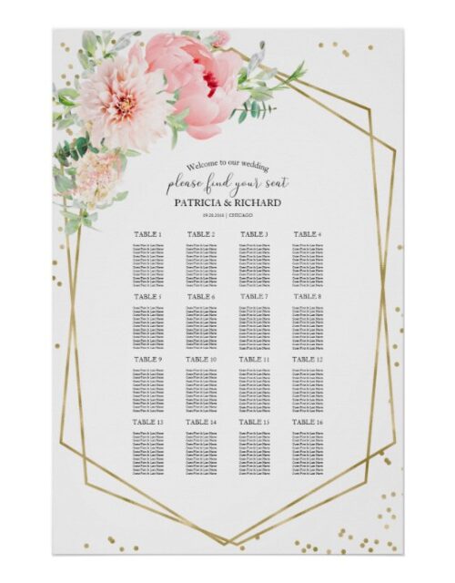Wedding Seating Chart Sign Elegant Blush Floral