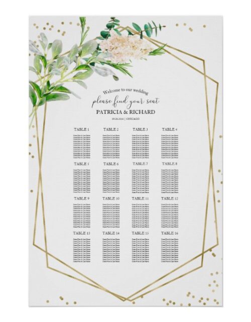 Wedding Seating Chart Sign Elegant Greenery Gold