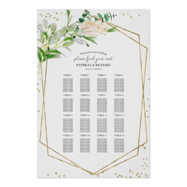 Wedding Seating Chart Sign Elegant Greenery Gold