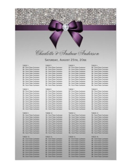 Wedding Seating Chart Silver Sequin Purple Bow