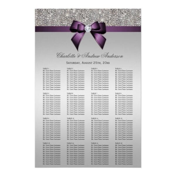 Wedding Seating Chart Silver Sequin Purple Bow