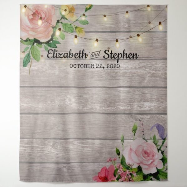 Wedding Shower Photo Backdrop Flowers Wood Lights