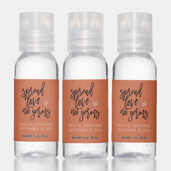 Wedding Spread Love Not Germs Script Terracotta Hand Sanitizer
