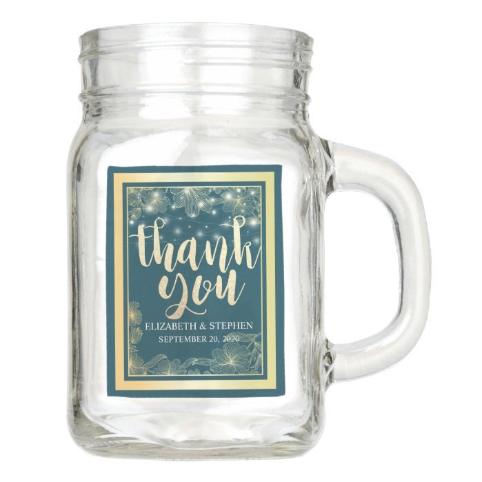 Wedding Thank You Blue Gold Flowers String Lights Mason Jar