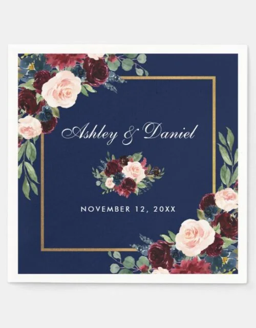 Wedding Watercolor Burgundy Blue Floral Gold Napkins
